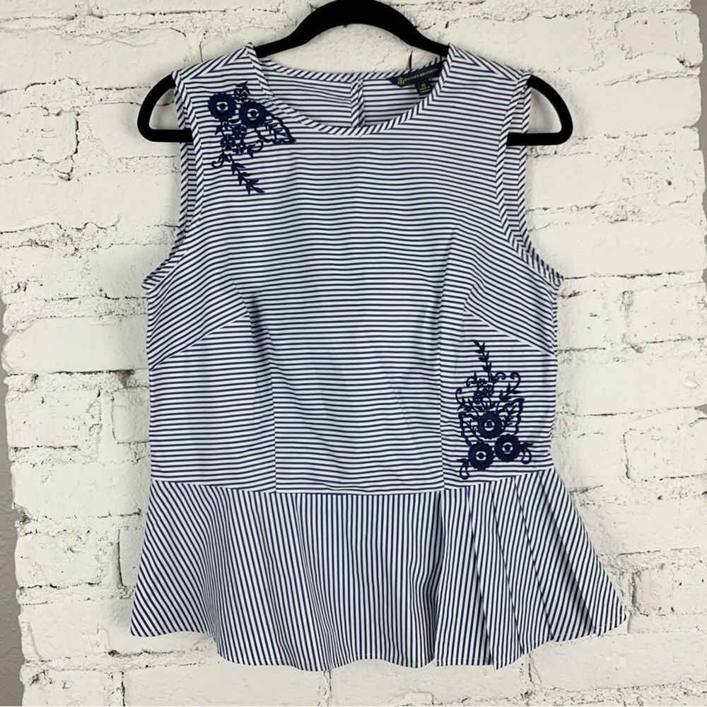 Brooks Brothers Striped Embroidered Peplum Sleeveless Blouse 10 New